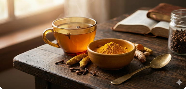 Épices médicinales pour élixir naturel : clous de girofle et curcuma en poudre avec une Bible ouverte | Natural remedy ingredients: cloves, turmeric powder and open Bible