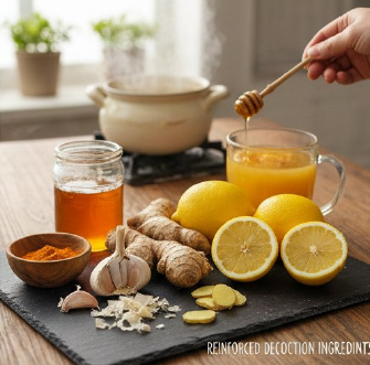 Ingrédients naturels pour décoction : ail, citron, gingembre et miel | Natural remedy ingredients: garlic, lemon, ginger and honey